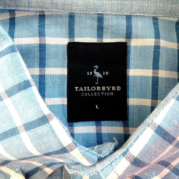 Tailorbyrd Men's Shirt Large Check Blue Turquoise White Cotton Short Sleeve - Picture 4 of 5